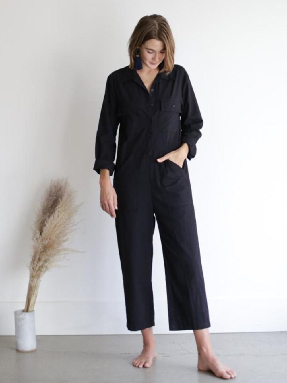 LACAUSA Wide Leg Jumpsuit Lightweight Cropped Black Sz S